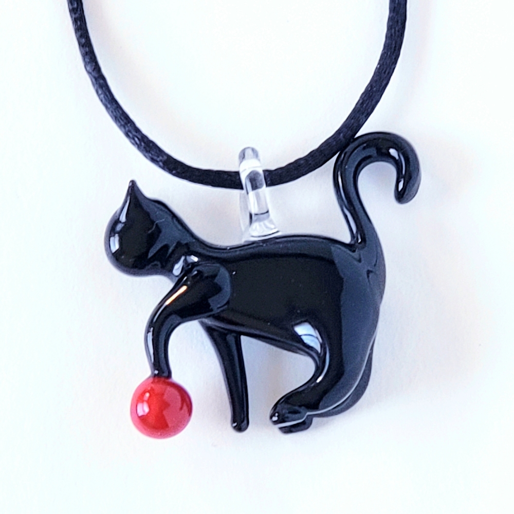 Cat Necklace Murano Glass Pendant with Red Ball